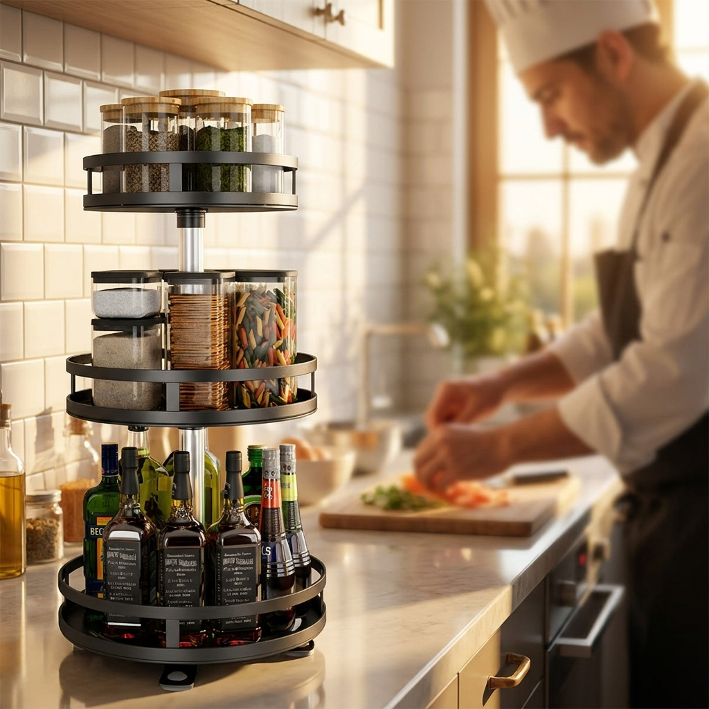 3-Tier Swivel Metal Organizer on kitchen counter