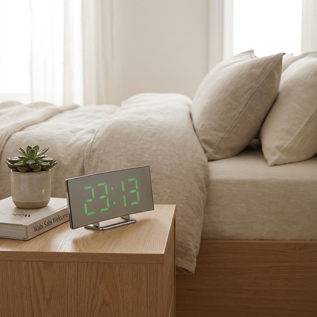 Curved LED Digital Alarm Clock Mirror on nightstand