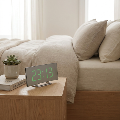 Curved LED Digital Alarm Clock Mirror on nightstand