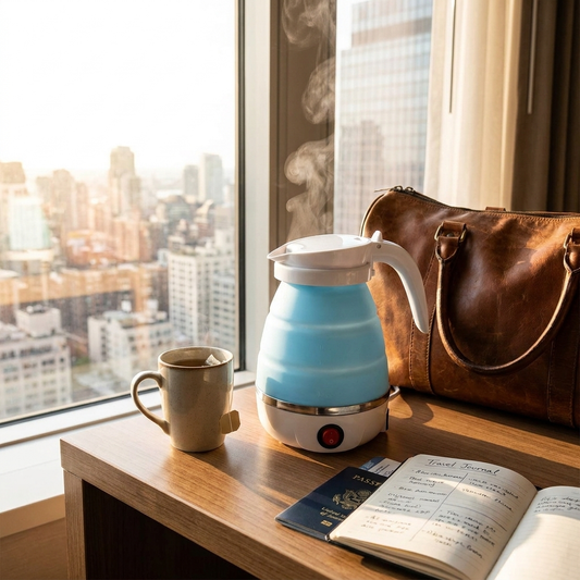 Foldable Travel Kettle in hotel room