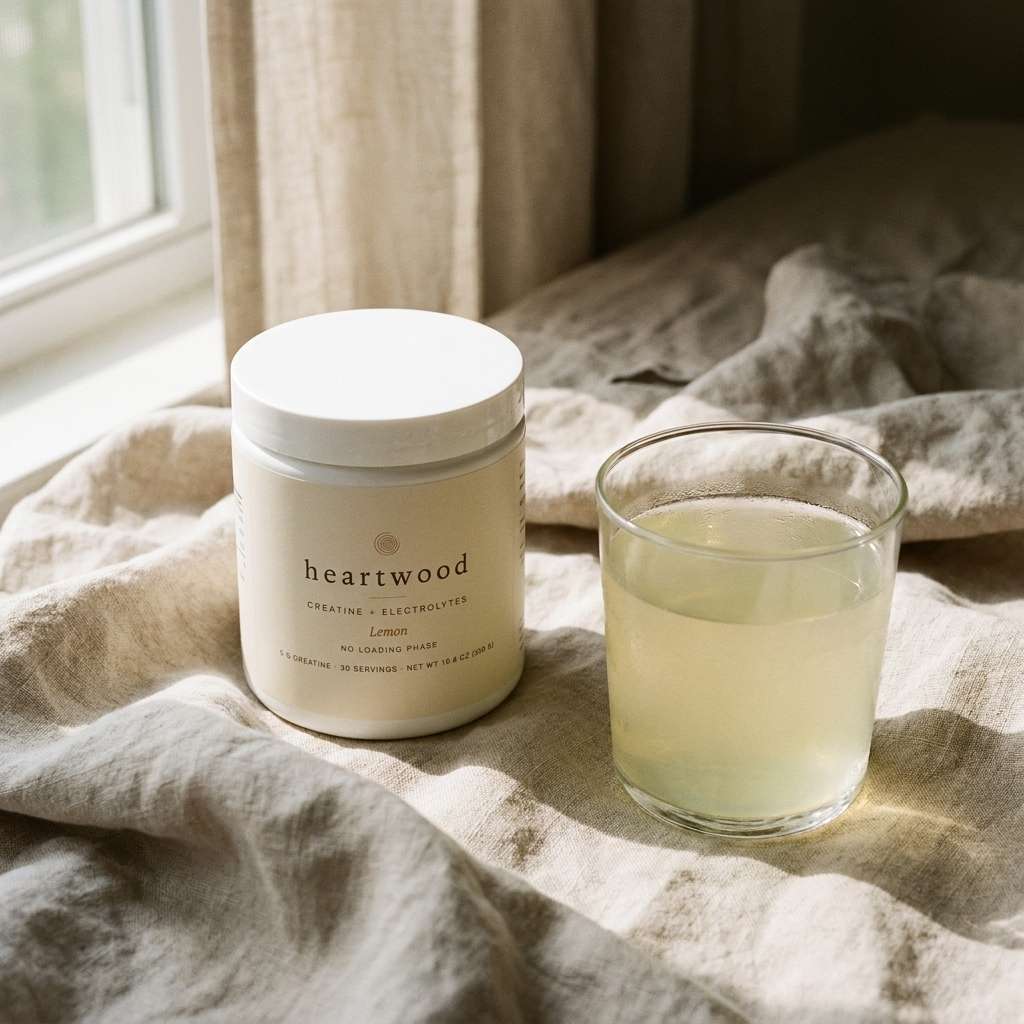 Heartwood Creatine + Electrolytes on linen beside a glass of mixed lemon drink in morning light