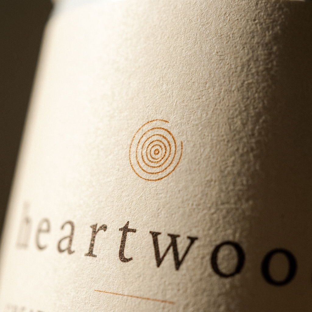Close-up of the Heartwood growth-ring mark and wordmark pressed into the label stock